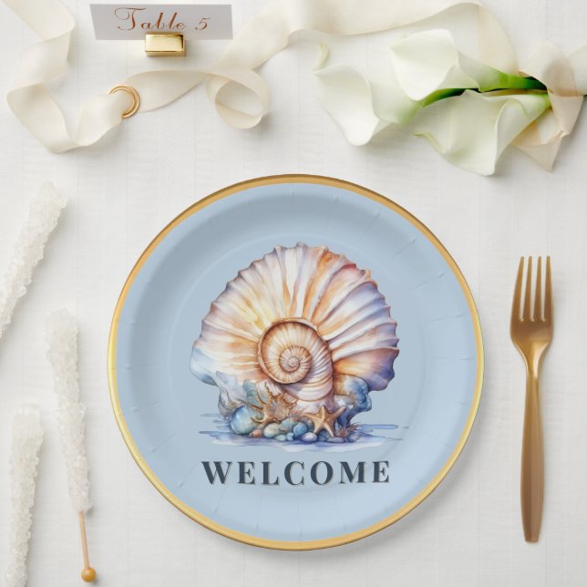 Luxury seashell theme blue gold beach picnic  paper plate (Wedding)
