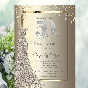 Luxury Shiny Diamonds Dress Gold 50th Birthday Invitation