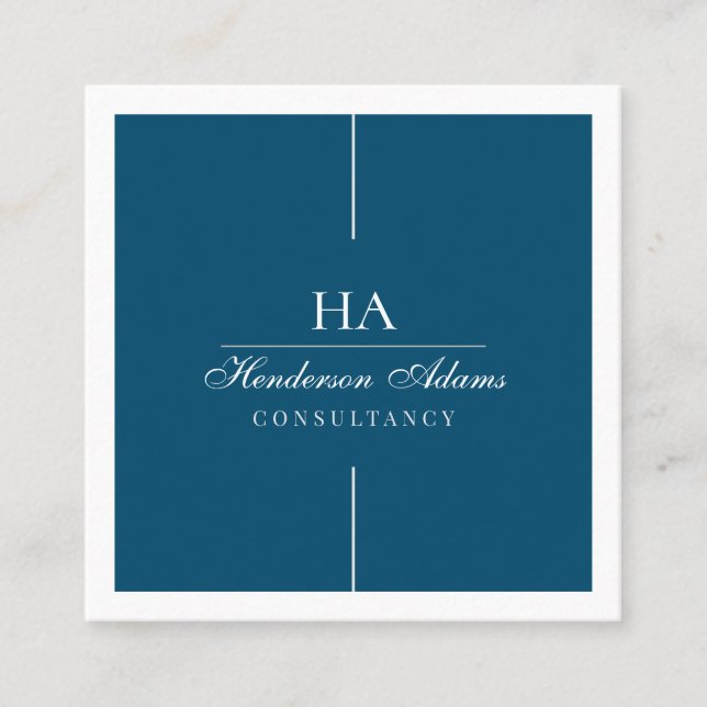 Luxury Signature Script Ocean Blue and White Square Business Card (Front)