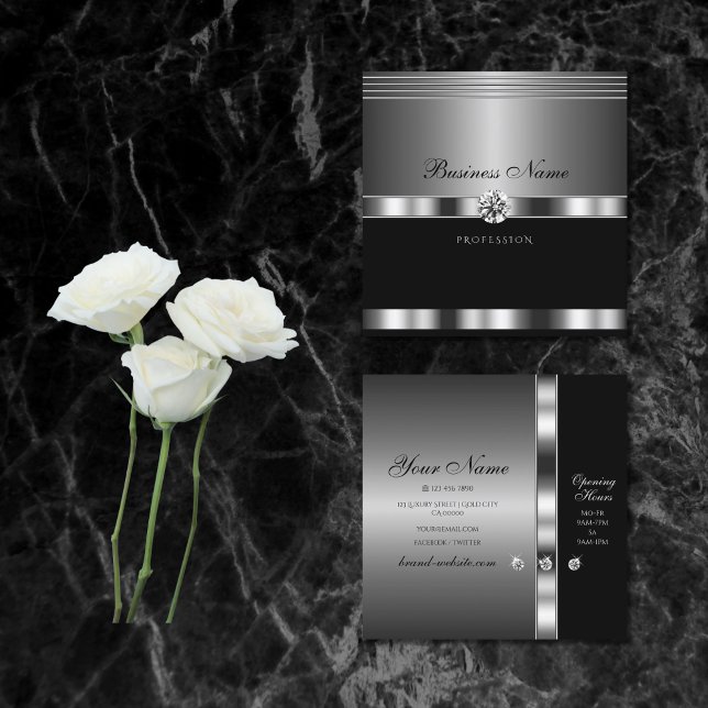 Luxury Silver and Black with Sparkling Diamonds Square Business Card (Creator Uploaded)