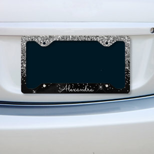 Luxury Silver Black Glitter and Sparkle Monogram Licence Plate Frame
