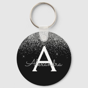 Luxury Silver Black Glitter Monogram Key Ring