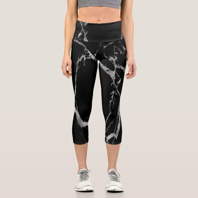 Luxury Silver Black Marble Capri Leggings (Front)