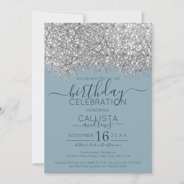 Luxury Silver Blue Glitter Confetti Birthday Invitation (Front)