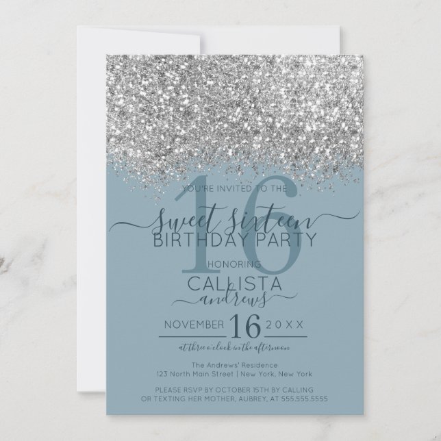 Luxury Silver Blue Glitter Confetti Sweet 16 Invitation (Front)