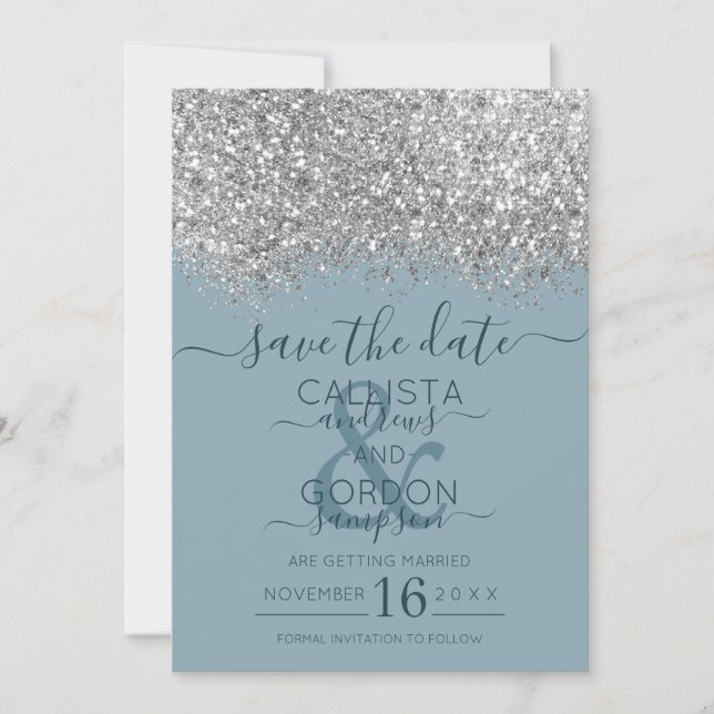 Luxury Silver Blue Glitter Confetti Wedding Save The Date (Front)