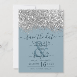 Luxury Silver Blue Glitter Confetti Wedding Save The Date