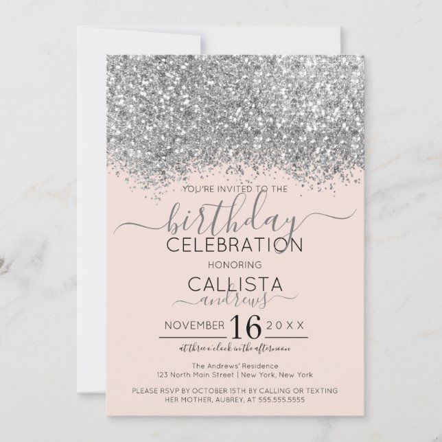 Luxury Silver Blush Glitter Confetti Birthday Invitation (Front)