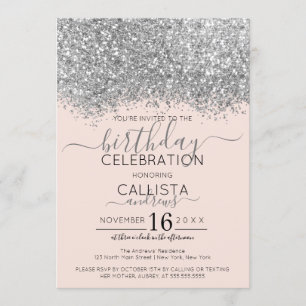 Luxury Silver Blush Glitter Confetti Birthday Invitation