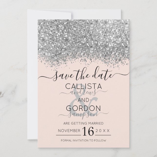Luxury Silver Blush Glitter Confetti Wedding Save The Date (Front)