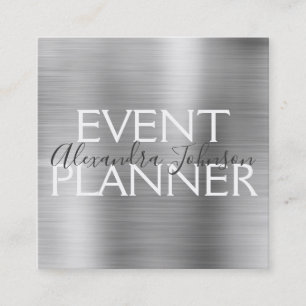 Luxury Silver Brushed Metal Event Planner Square Business Card