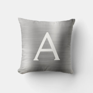 Luxury Silver Brushed Metal Monogram Name Initial Cushion