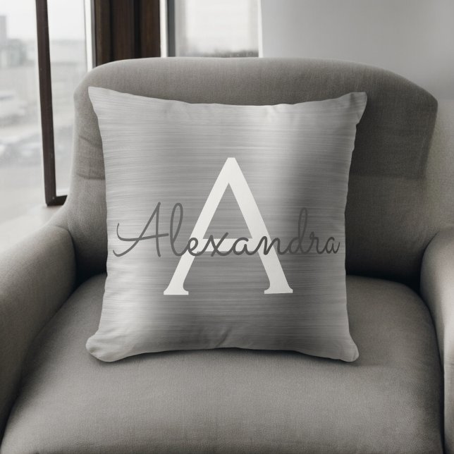 Luxury Silver Brushed Metal Monogram Name Initial Cushion (Creator Uploaded)