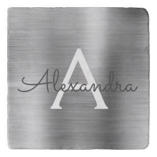 Luxury Silver Brushed Metal Monogram Name Initial Trivet