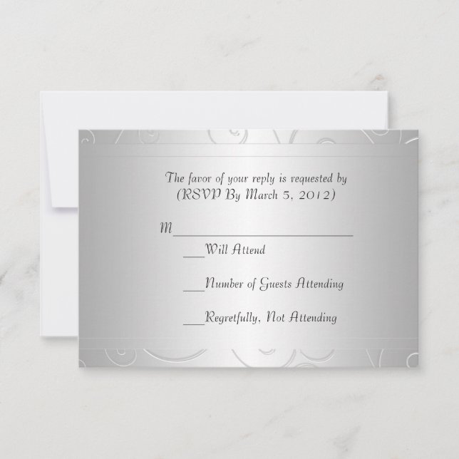 Luxury Silver Damask Swirls RSVP card (Front)