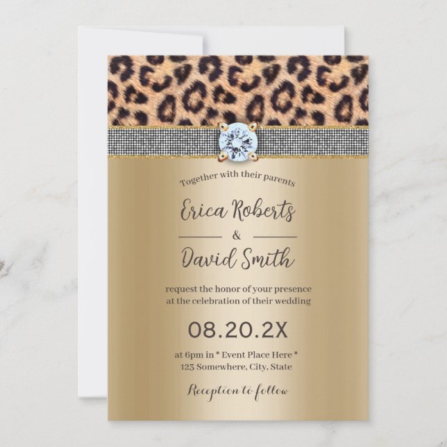 Luxury Silver Diamond Belt Gold & Leopard Wedding Invitation (Front)