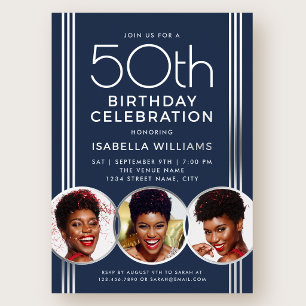 Luxury Silver Foil 50th Birthday Chic Blue Photo