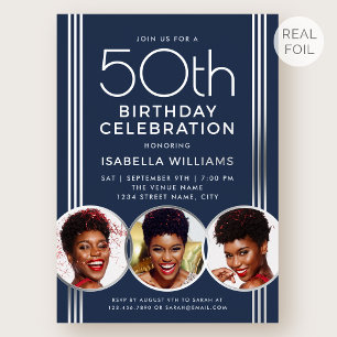 Luxury Silver Foil 50th Birthday Chic Blue Photo