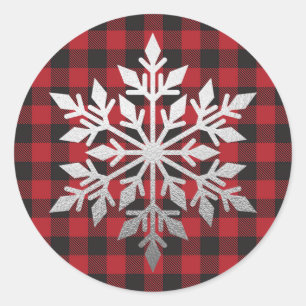 Luxury Silver Foil Snowflake Red Buffalo Plaid Classic Round Sticker