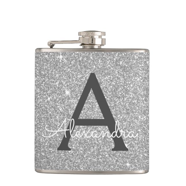 Luxury Silver Glitter and Sparkle Monogram Hip Flask (Front)