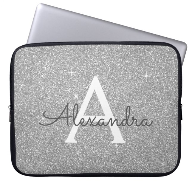 Luxury Silver Glitter and Sparkle Monogram Laptop Sleeve (Front)
