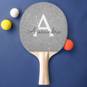 Luxury Silver Glitter and Sparkle Monogram Ping Pong Paddle