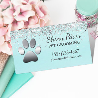 Luxury Silver Glitter Dog Paw Pet Grooming Business Card