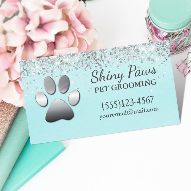 Luxury Silver Glitter Dog Paw Pet Grooming Business Card (Creator Uploaded)