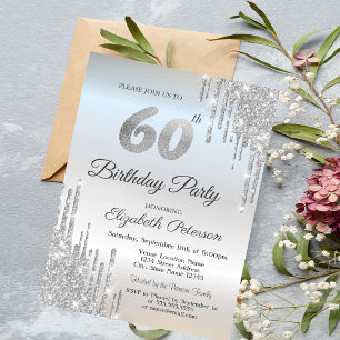 Luxury Silver Glitter Drips 60th Birthday Invitation