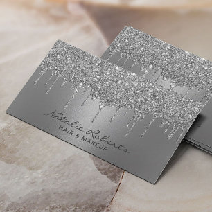 Luxury Silver Glitter Drips Modern Beauty Salon Business Card