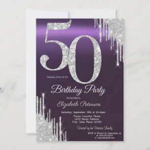 Luxury Silver Glitter Drips Purple 50th  Invitation