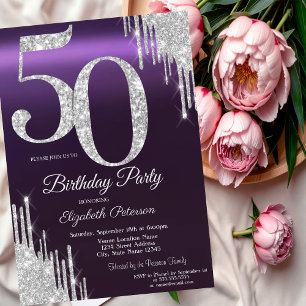 Luxury Silver Glitter Drips Purple 50th Invitation