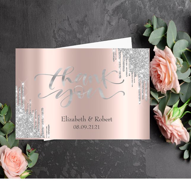 Luxury Silver Glitter Drips Rose Gold Thank You Card (Creator Uploaded)