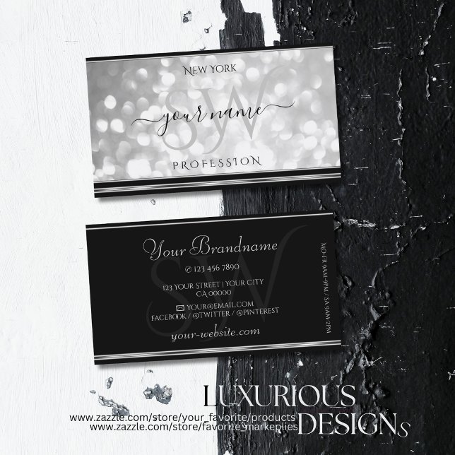 Luxury Silver Glitter Initials Black Silvery Edge Business Card (Creator Uploaded)