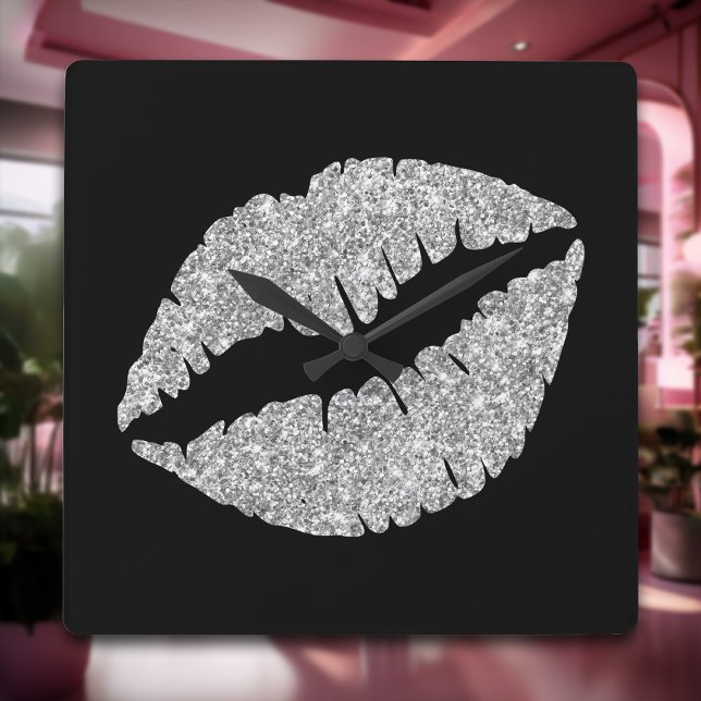 Luxury Silver Glitter Lipstick on Black Square Wall Clock (Luxury Silver Glitter Lipstick on Black Square Wall Clock)