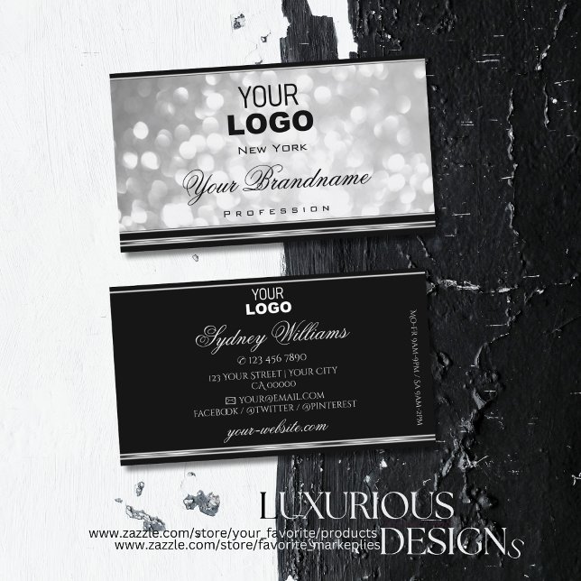 Luxury Silver Glitter Logo Black Silvery Border Business Card (Creator Uploaded)
