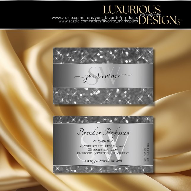 Luxury Silver Glitter Luminous Stars and Initials Business Card (Creator Uploaded)