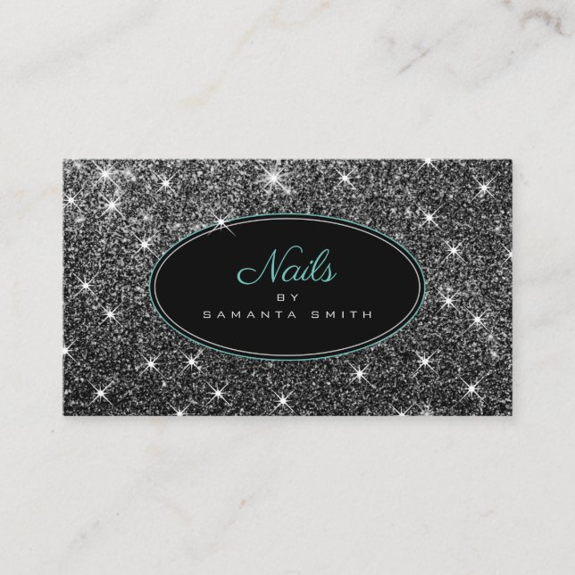 Luxury Silver Glitter Luminous Stars Elegant Nails Business Card (Front)