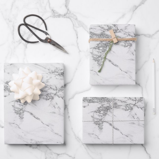Luxury Silver Glitter Marble Customise Wrapping Paper Sheet (Front)