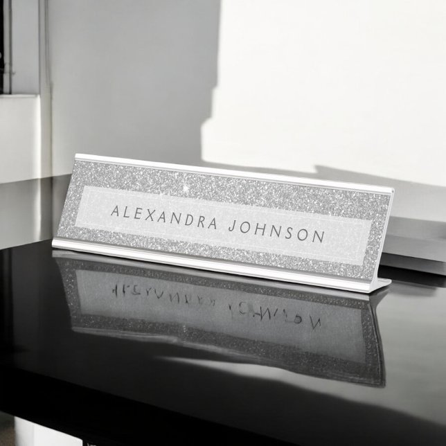 Luxury Silver Glitter Sparkle Girly Modern Desk Name Plate (Creator Uploaded)