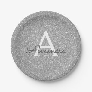 Luxury Silver Glitter & Sparkle Monogram Birthday Paper Plate