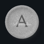 Luxury Silver Glitter & Sparkle Monogram Birthday Paper Plate<br><div class="desc">Luxury Silver Faux Glitter and Sparkle Elegant Birthday or Bachelorette Party Plates. These Wedding,  Bridal Shower or Birthday Party Plates can be customised to include your initial and first name. Please contact the designer for customised matching items.</div>