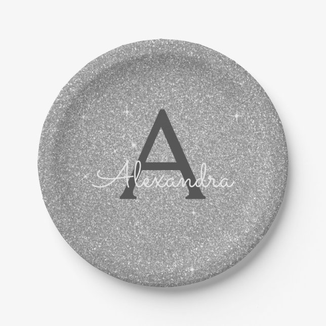 Luxury Silver Glitter & Sparkle Monogram Birthday Paper Plate (Front)