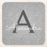 Luxury Silver Glitter & Sparkle Monogram Birthday Square Paper Coaster<br><div class="desc">Silver Faux Glitter and Sparkle Elegant Monogram Birthday Party Coasters. These Birthday Party,  Bridal Shower,  Wedding or Bachelorette Party Coasters can be customised to include your initial and first name. Please contact the designer for customised matching items.</div>