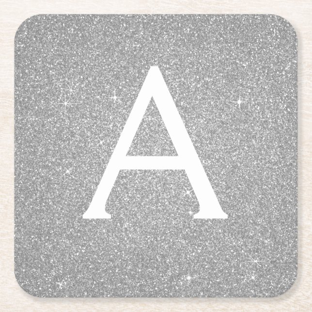 Luxury Silver Glitter & Sparkle Monogram Birthday Square Paper Coaster (Front)