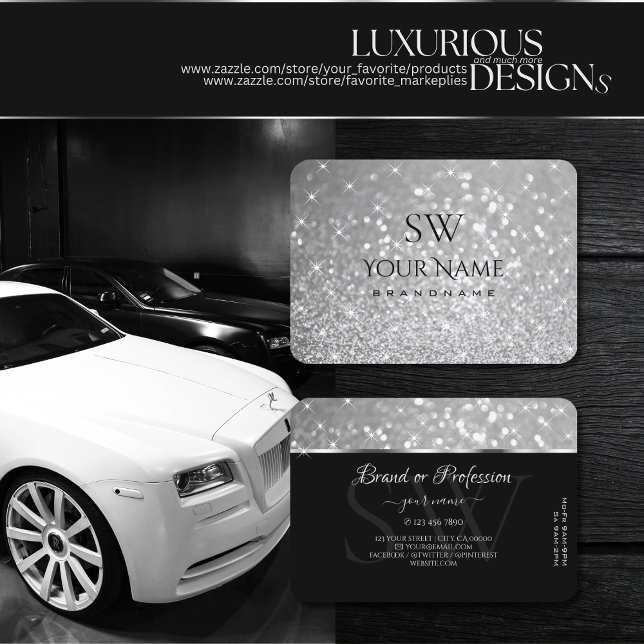 Luxury Silver Glitter Sparkle Stars Initials Smart Business Card (Creator Uploaded)