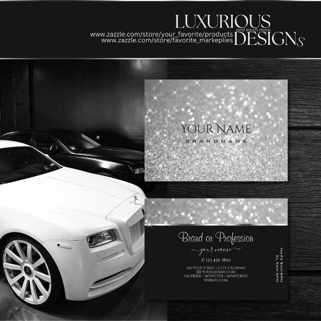 Luxury Silver Glitter Sparkle Stars Smart on Black Business Card (Creator Uploaded)