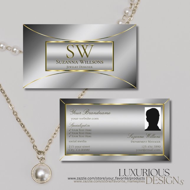 Luxury Silver Gold Decor with Monogram and Photo Business Card (Creator Uploaded)