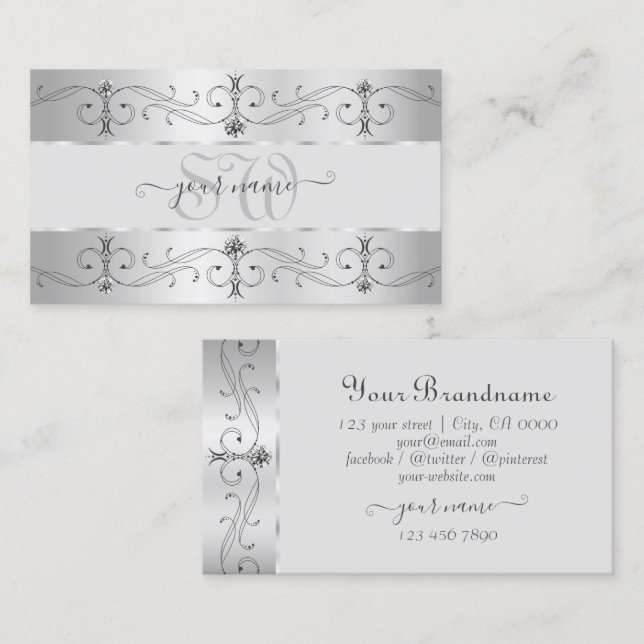Luxury Silver Grey Ornate Borders Jewels Monogram Business Card (Front/Back)
