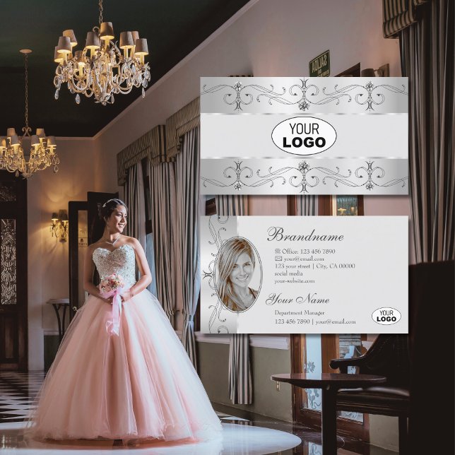 Luxury Silver Grey Ornate Borders Logo and Photo Business Card (Creator Uploaded)